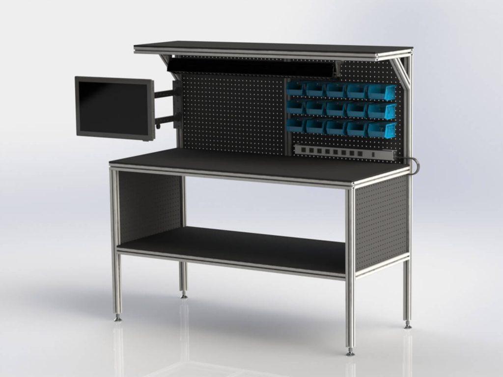 Modular T-slot aluminum extrusion workstation with drawers and components